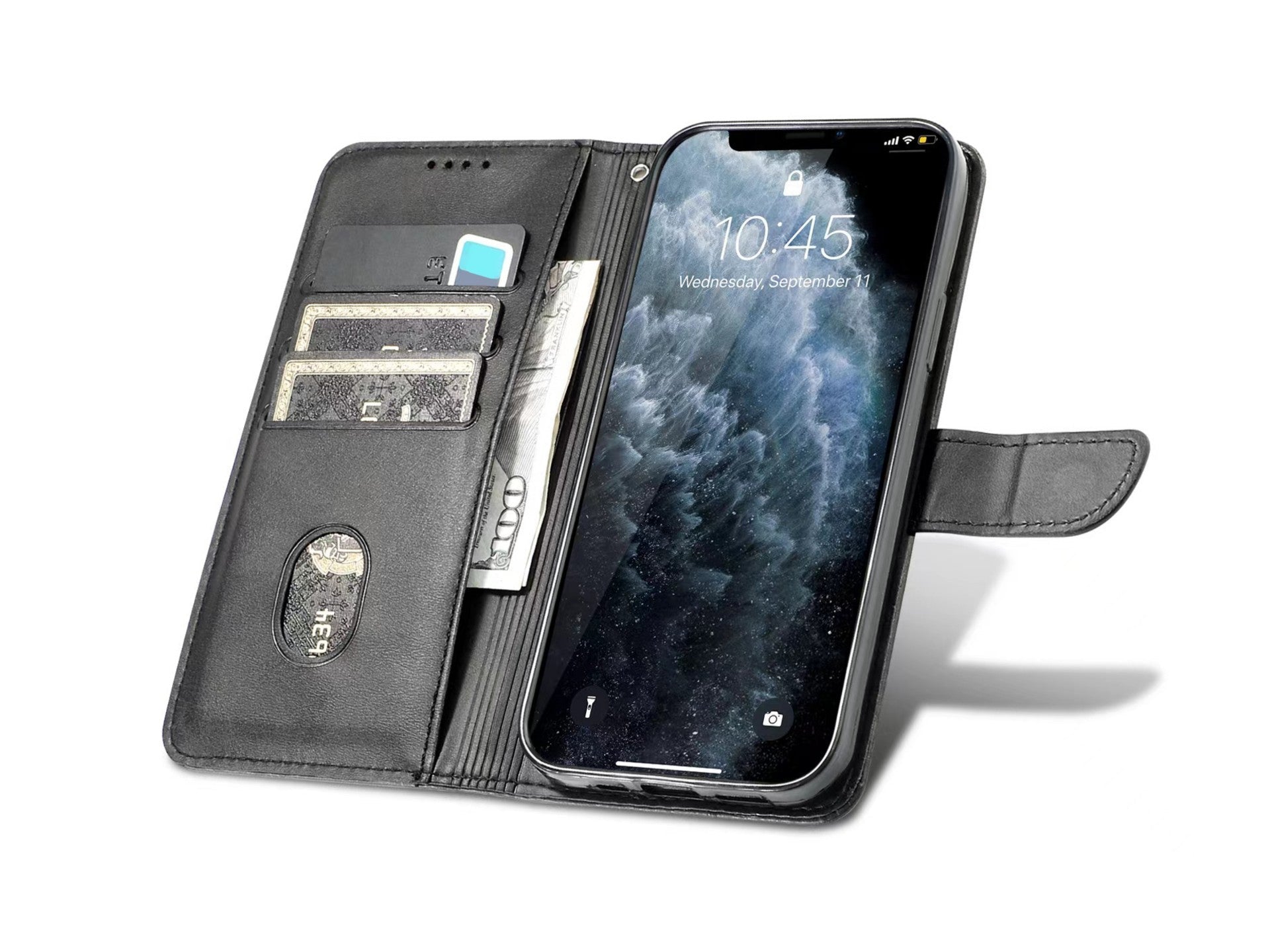 Capa de couro com aba para telemóvel Techancy com 3 ranhuras para cartões, KX5600, função de suporte e proteção contra quedas, compatível com iPhone 12 Pro Max, Preto