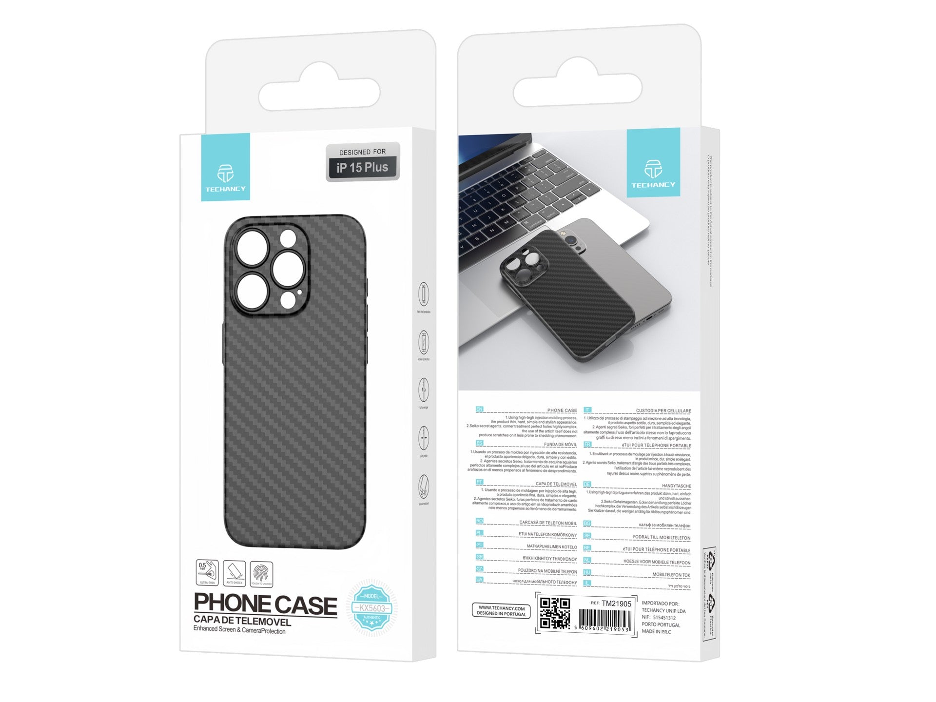 Techancy Capa Para Telemóvel Ultra Fina Em Fibra De Carbono KX5603, Compatível Com Iphone 15 Plus, Material Pp De 0,5 Mm.