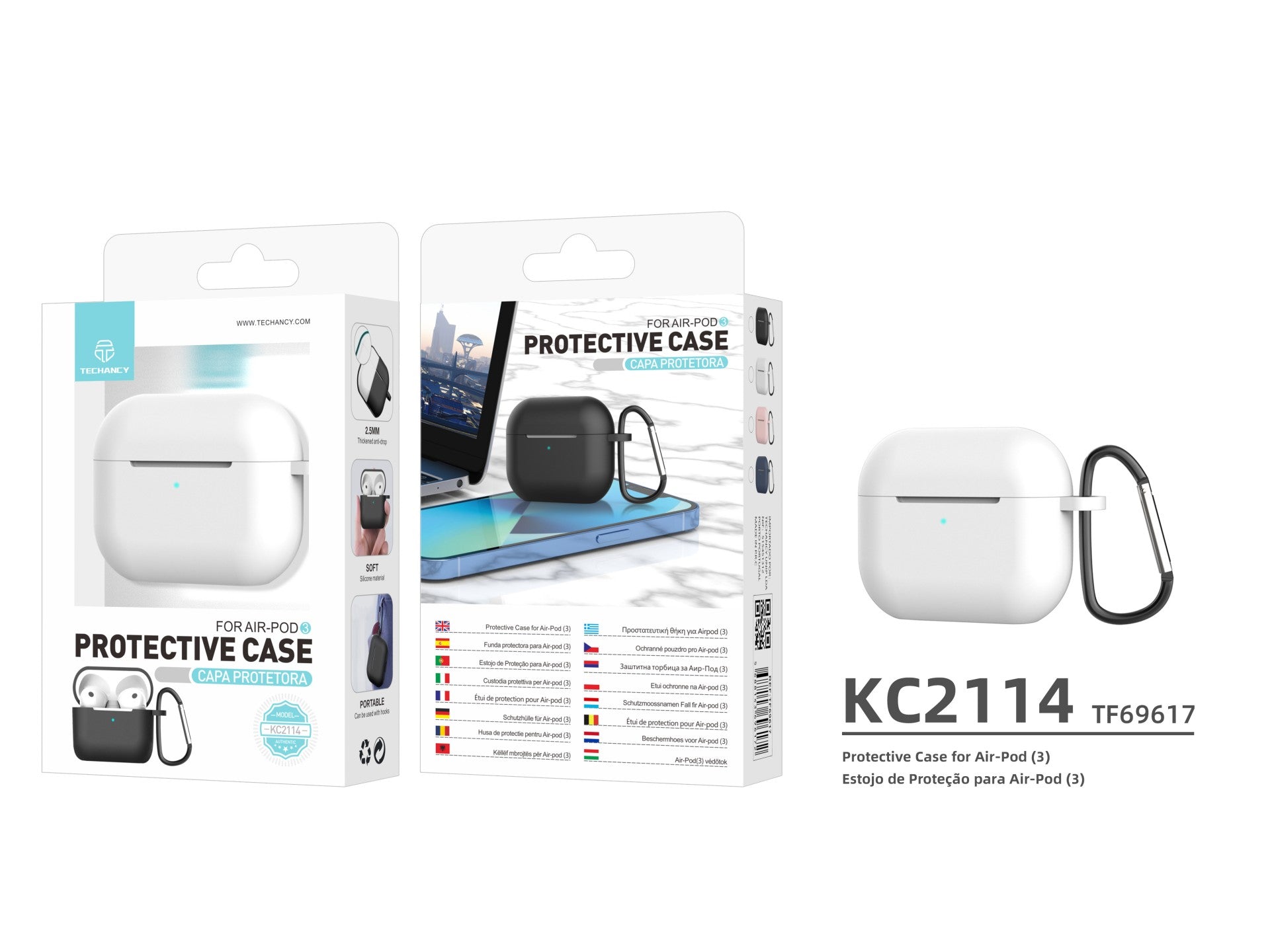 Capa protetora de silicone para auriculares Techancy, KC2114, compatível com AirPods 3.ª geração, Branco