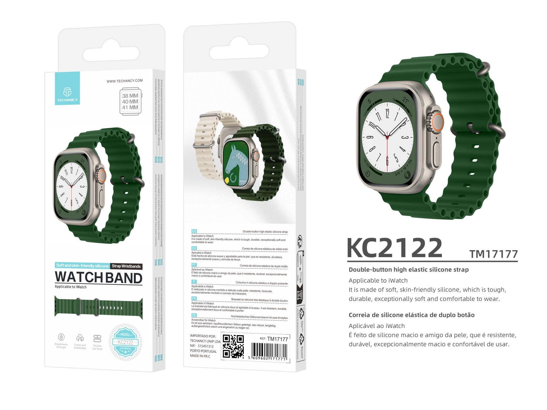 Techancy Bracelete De Silicone Verde KC2122, Compatível Com Apple Watch 38 Mm/40 Mm/41 Mm, Material De Silicone Macio