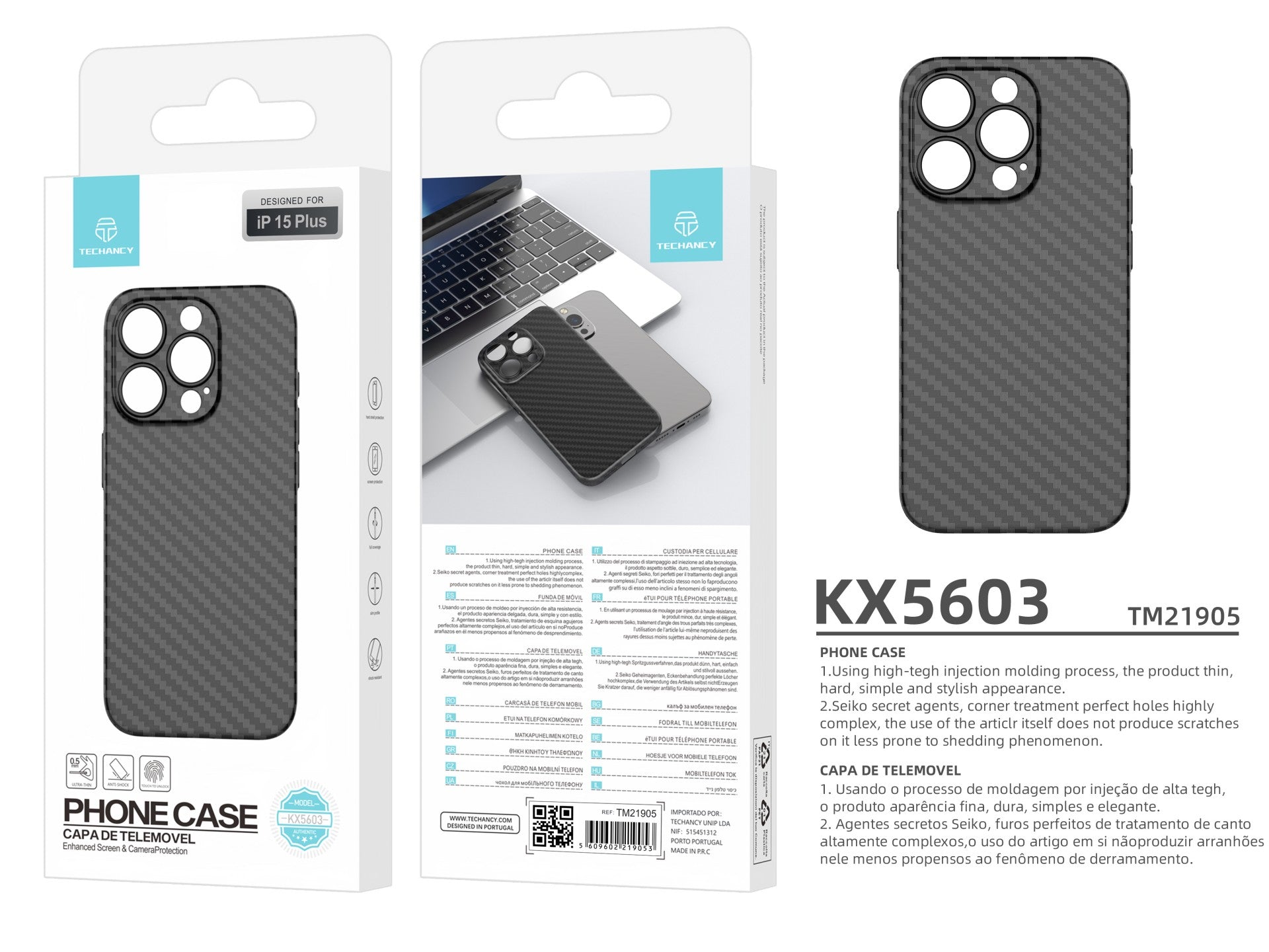 Techancy Capa Para Telemóvel Ultra Fina Em Fibra De Carbono KX5603, Compatível Com Iphone 15 Plus, Material Pp De 0,5 Mm.
