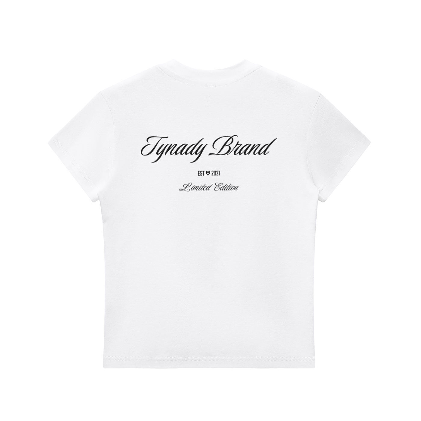 T-shirt branca Essential Tee Center Tynady Brand — costas — Tynady Brand script centro EST 2021